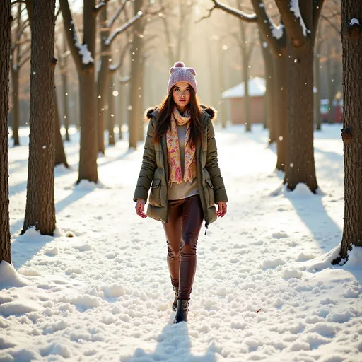 Prompt: (woman walking through a wintery forest), surrounded by glistening snow-covered trees, dressed in (cozy warm clothes, stylish jacket, trousers, knitted jumper, fluffy hat, colorful scarf), serene atmosphere, soft light filtering through branches, gentle snowfall, subtle warm tones contrasted with the coolness of winter, hushed ambiance, 4K, ultra-detailed realism.