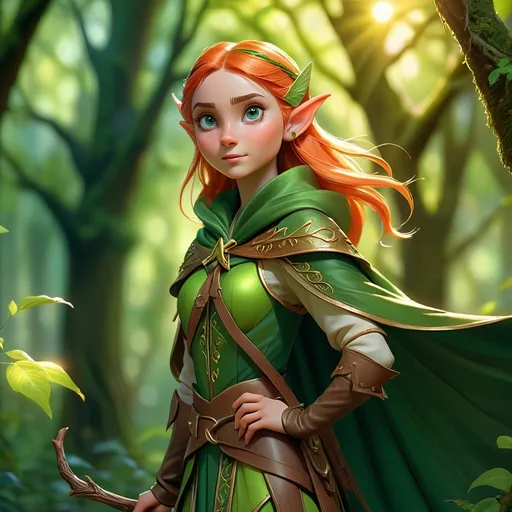 Prompt: (Elf ranger), standing gracefully, vibrant green cloak, intricate bow in hand, vibrant sunlight filtering through leafy canopy, enchanting mood, magical atmosphere, glimmering details in foliage, birds perched nearby, lush undergrowth, forest ethereal glow, (magical forest surroundings), high-quality 4K resolution, highly detailed, serene and enchanting vibe.