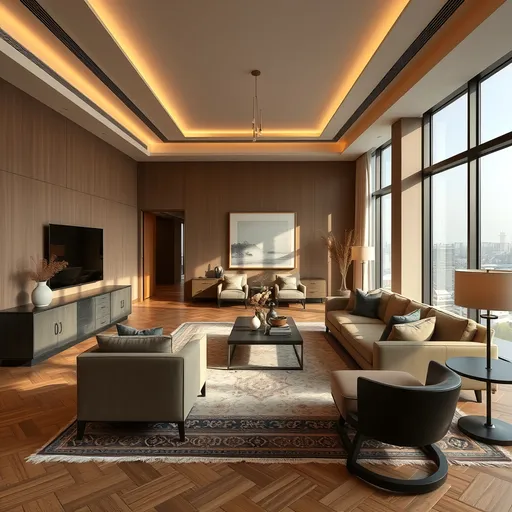 Prompt: photorealistic 200 sqm apartment, minimalistic, (modern design), luxurious decor elements, oak herringbone wooden flooring, art pieces, spacious layout, sleek furniture with Pahlavi and persian patterns, warm ambient lighting, large windows showcasing a Tehran view, earthy textiles and colors,  pale Persian rugs, minimalist art on the walls, inviting atmosphere, ultra-detailed, high quality, enhances style and elegance.