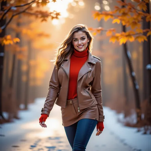 Prompt: (model walking in a wintery snow filled forest along a path), (winter clothes), (expressive warm smile), luxurious photoshoot, idyllic natural scenery, sun-dappled forest, vibrant autumn leaves, soft glowing light filtering through trees, cozy ambiance, fashionable outdoor styling, detailed textures in fabric, high quality, ultra-detailed, HD.