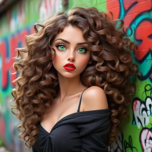 Prompt: Beautiful sensual women with long full curly brown hair falling down her left shoulder, with green eyes, put red lips, graffiti background