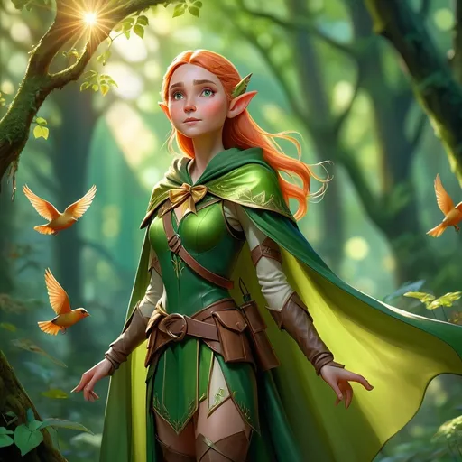 Prompt: (Elf ranger), standing gracefully, vibrant green cloak, intricate bow in hand, vibrant sunlight filtering through leafy canopy, enchanting mood, magical atmosphere, glimmering details in foliage, birds perched nearby, lush undergrowth, forest ethereal glow, (magical forest surroundings), high-quality 4K resolution, highly detailed, serene and enchanting vibe.