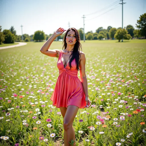 Prompt: (woman walking through a field of flowers), (vibrant sun dress), soft sunlight filtering through the petals, colorful wildflowers in full bloom, serene and joyful atmosphere, gentle breeze rustling the dress, bright blue sky overhead, lush green grass swaying subtly, ultra-detailed, high quality, inviting and cheerful mood, cinematic depth of field.