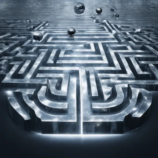 Prompt: A perfectly symmetrical labyrinth made of folded metal and hovering spheres