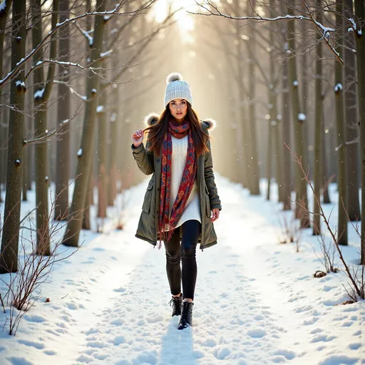 Prompt: (woman walking through a wintery forest), surrounded by glistening snow-covered trees, dressed in (cozy warm clothes, stylish jacket, knitted jumper, fluffy hat, colorful scarf), serene atmosphere, soft light filtering through branches, gentle snowfall, subtle warm tones contrasted with the coolness of winter, hushed ambiance, 4K, ultra-detailed realism.