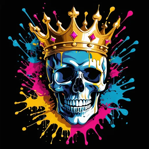 Prompt: Colorful graffiti illustration of a skull with a golden crown, paint splashes, vector t-shirt art, black background