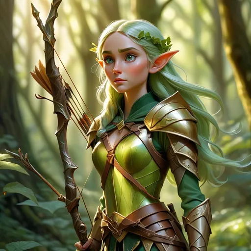 Prompt: (Elf ranger), mystical forest, dappled sunlight filtering through trees, ethereal atmosphere, vibrant greens and golds, intricate armor glistening, bow and quiver at the ready, peaceful yet alert expression, magical flora surrounding, high-detail, cinematic depth, enchanting ambiance, inviting light, ultra-detailed, nature's majesty.