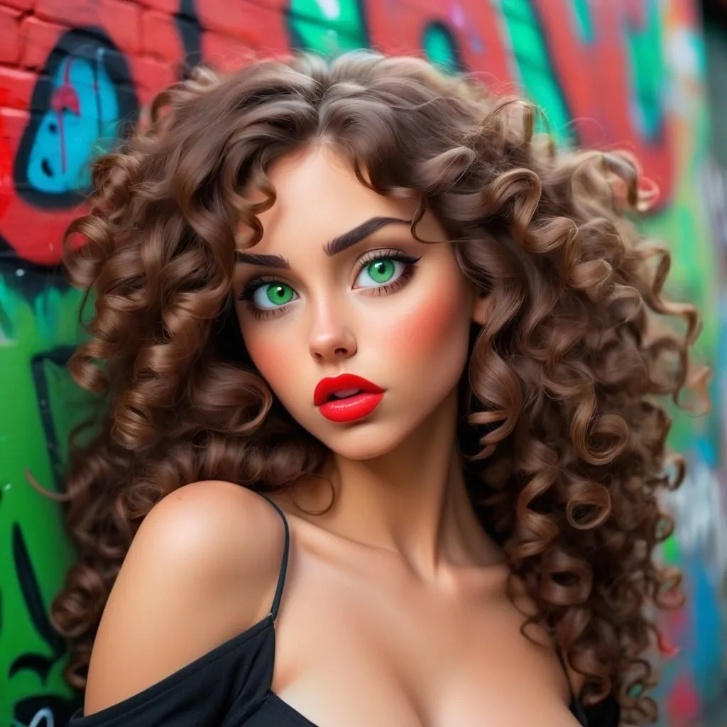 Prompt: Beautiful sensual women with long full curly brown hair falling down her left shoulder, with green eyes, put red lips, graffiti background