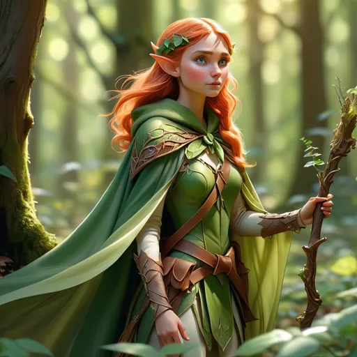 Prompt: (Elf ranger), mystical forest, sunlight filtering through leaves, dappled light on the forest floor, ethereal atmosphere, enchanting greenery, intricate floral details, long flowing cloak, bow and quiver at the ready, serene expression, vibrant colors, magical essence, high depth, 4K, ultra-detailed realism, captivating ambiance.