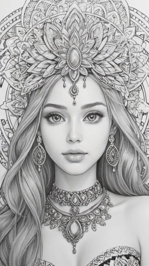 Prompt: Beautiful girl with stunning head piece, mandala background, simple