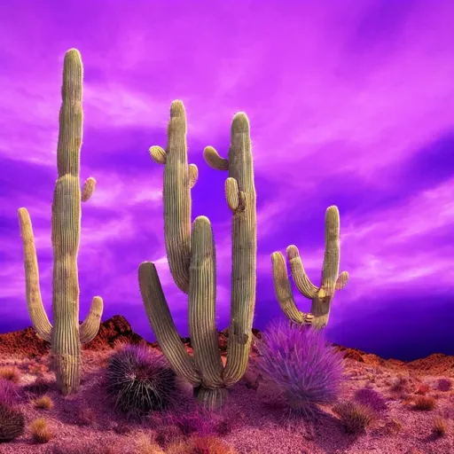Prompt: Purple cactus in a surreal desert landscape, vibrant and surreal, high quality, digital art, whimsical, fantasy, vibrant purple, surreal lighting, detailed spikes, dreamy atmosphere
