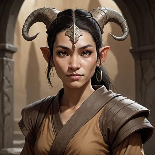 Prompt: Female Dragonborn Monk wearing brown tunic, tan skin, bobbed black hair, 