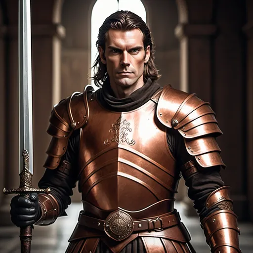 Prompt: A tall man wearing dark brown leather and copper armor, looking regal and holding a large sword.