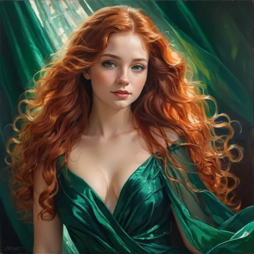 Prompt: Young, cute, teen girl, flowing long red wavy hair, revealing emerald dress, large exposed chest, round face, oil painting, high quality, realistic, vibrant colors, detailed features, flowing hair, elegant, bright lighting, cold tones