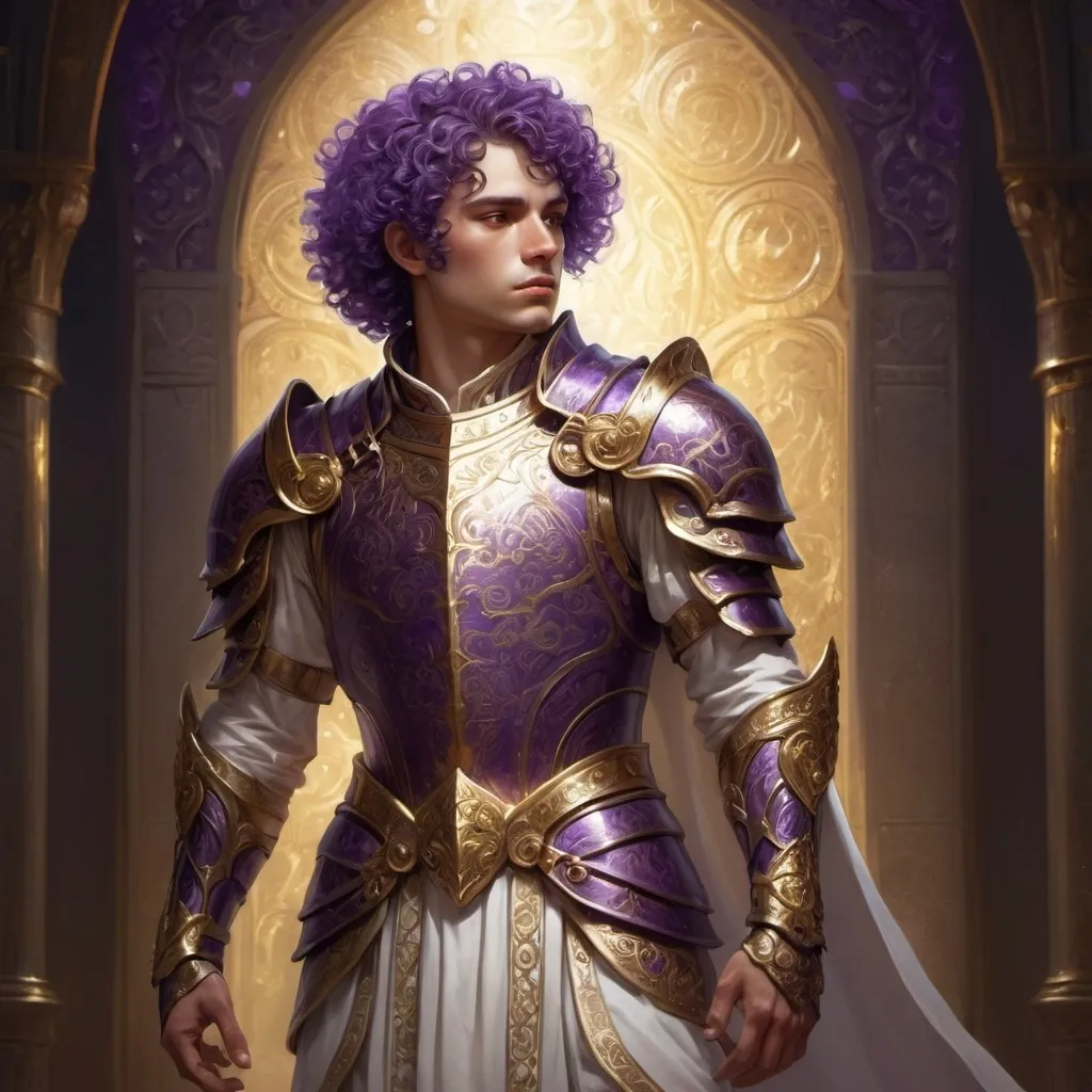 Prompt: Short man with curly purple hair, wearing a white tunic with golden armor, fantasy art, high-quality, detailed, majestic, dramatic lighting, regal atmosphere, royal fantasy, purple and gold tones, intricate armor details, ornate design, fantasy character, professional illustration