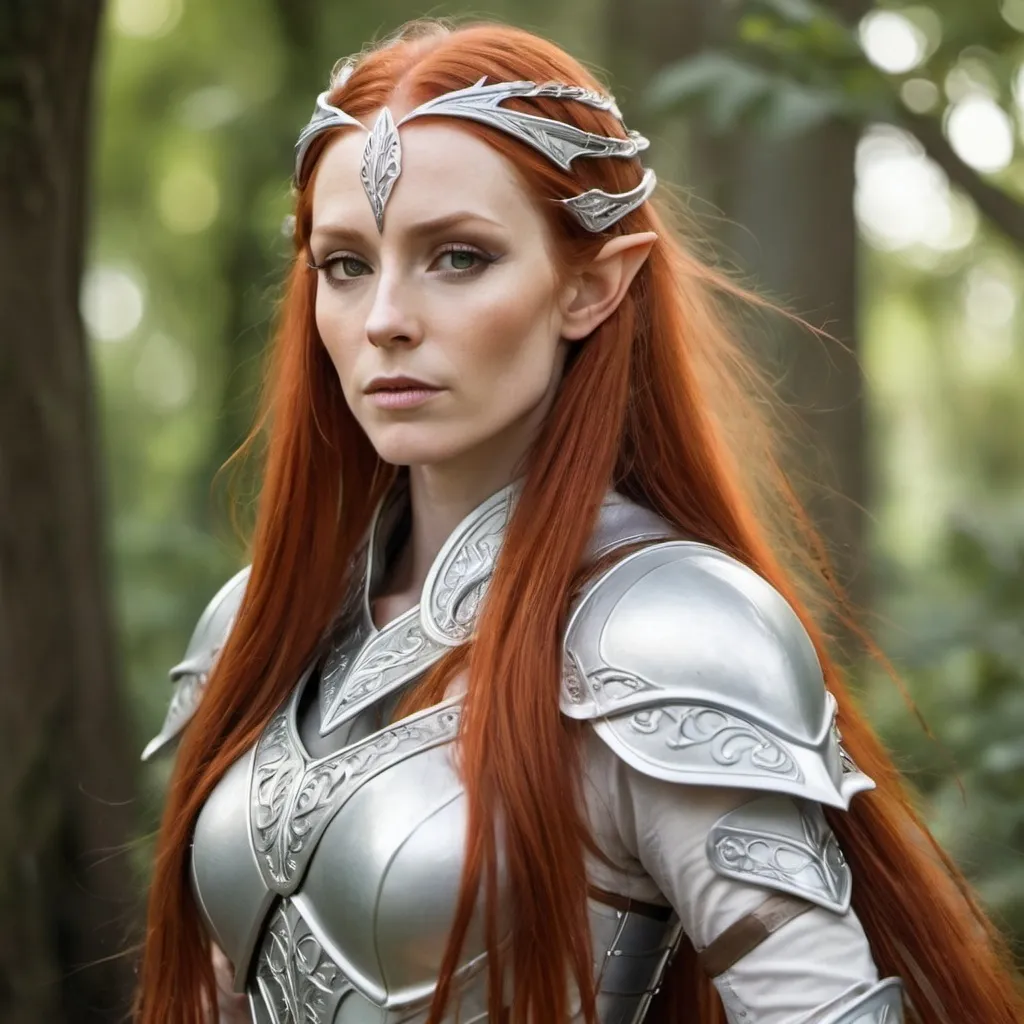 Prompt: Elven Woman with Very Long red hair with silver streaks, wearing silver and white armor