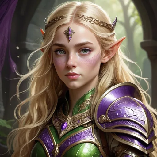 Prompt: A teen cute elven girl with freckles and a round face, wearing green and purple armor with long wavy blonde hair and a large chest showing, fantasy art, high-quality, detailed, majestic, dramatic lighting, regal atmosphere, royal fantasy, purple and gold tones, intricate armor details, ornate design, fantasy character, professional illustration