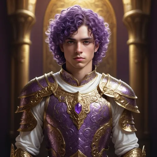 Prompt: Short man with curly purple hair, wearing a white tunic with golden armor, fantasy art, high-quality, detailed, majestic, dramatic lighting, regal atmosphere, royal fantasy, purple and gold tones, intricate armor details, ornate design, fantasy character, professional illustration