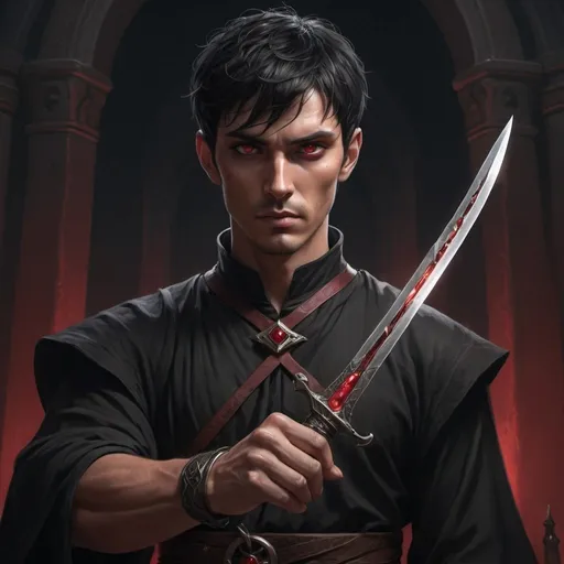 Prompt: Tall, tan man with short black hair, red eyes, wearing a black tunic, holding a dagger, wearing a ruby ring, highres, detailed, fantasy, realistic, atmospheric lighting, intense gaze, detailed eyes, realistic rendering