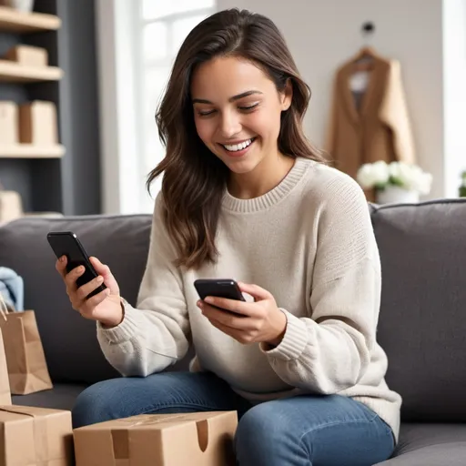 Prompt: Title: Delighted Shopper Using ShopSync App

Setting: The scene is a cozy, modern living room with soft, natural lighting streaming through large windows. The room has a comfortable sofa, a coffee table with a laptop, and some shopping bags from various stores scattered around, indicating recent purchases.

Main Subject: A young woman, casually dressed in a comfy sweater and jeans, is sitting on the sofa. She is holding a smartphone, looking at the screen with a wide, delighted smile. Her eyes are bright, showing excitement and satisfaction.

App Interface on Screen: The smartphone screen displays the ShopSync app. The interface is sleek and intuitive, showing a personalized homepage with:

A section of recommended products based on her shopping history.
Notifications of recent orders with tracking updates.
A wishlist with various items from different stores.
An alert for a price drop on an item she had been eyeing