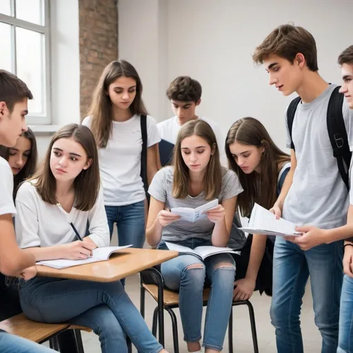 Prompt: Teens learning English on different everyday situations