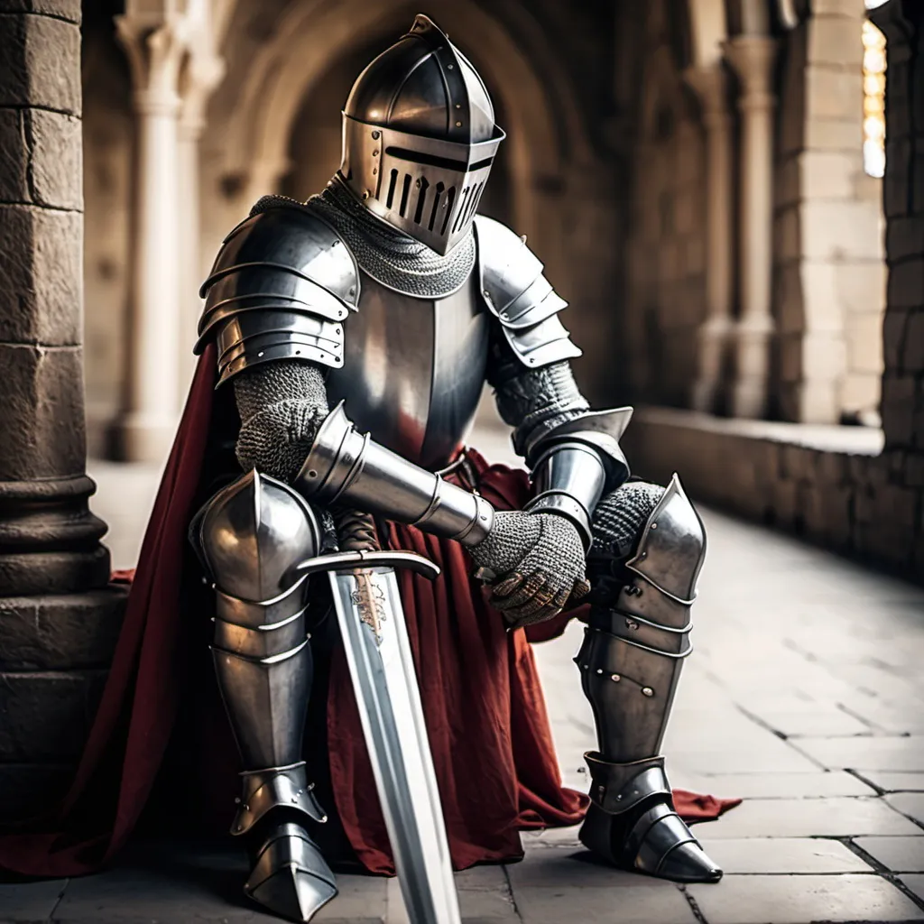 Prompt: a knight sitting down sad with his sword lowered 

