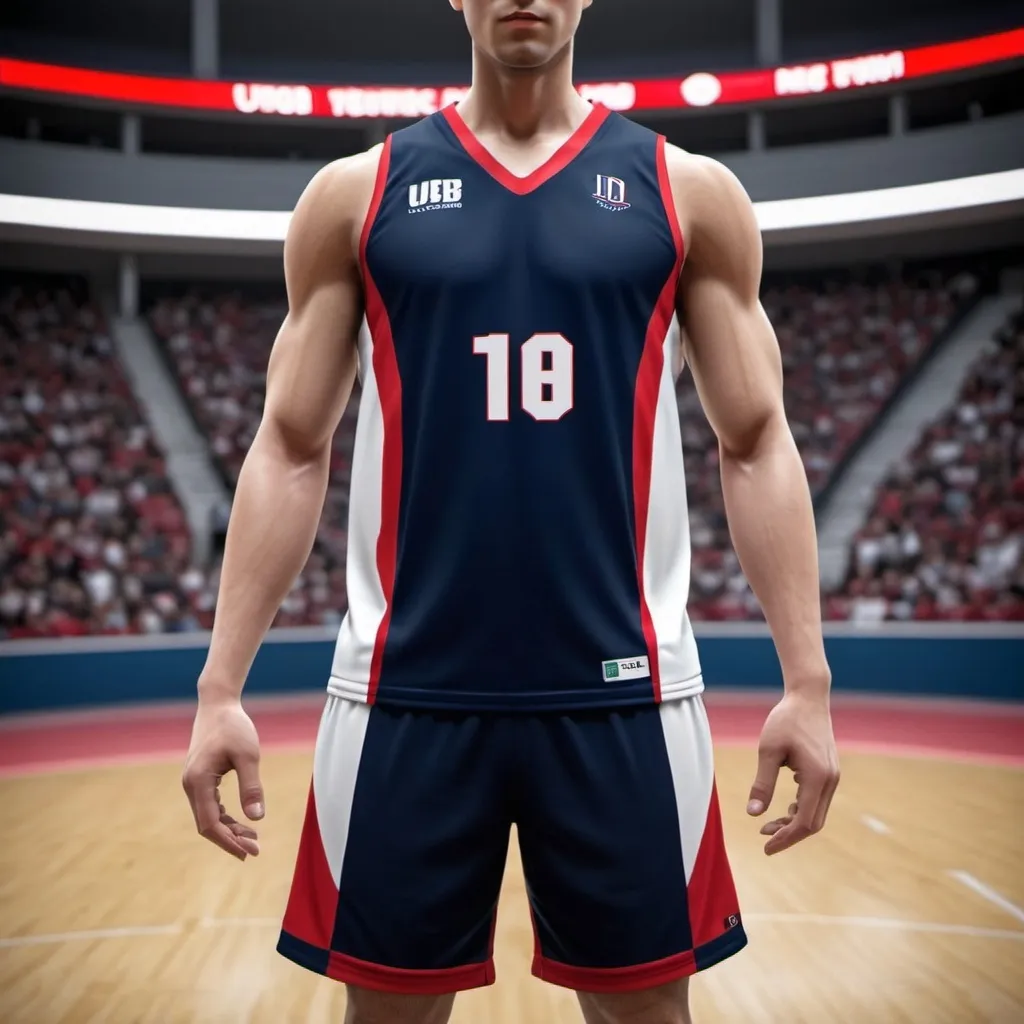 Prompt: A basketball jersey with colours matching UOB Colours, should look sleek and modern. Red and white should be the accents. Dark blue is the base. Exclude logos