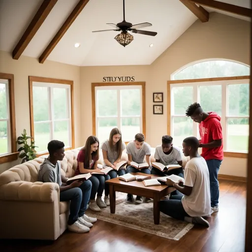 Prompt: Creat picture of teenagers and youths doing a Bible study in a beautiful house 