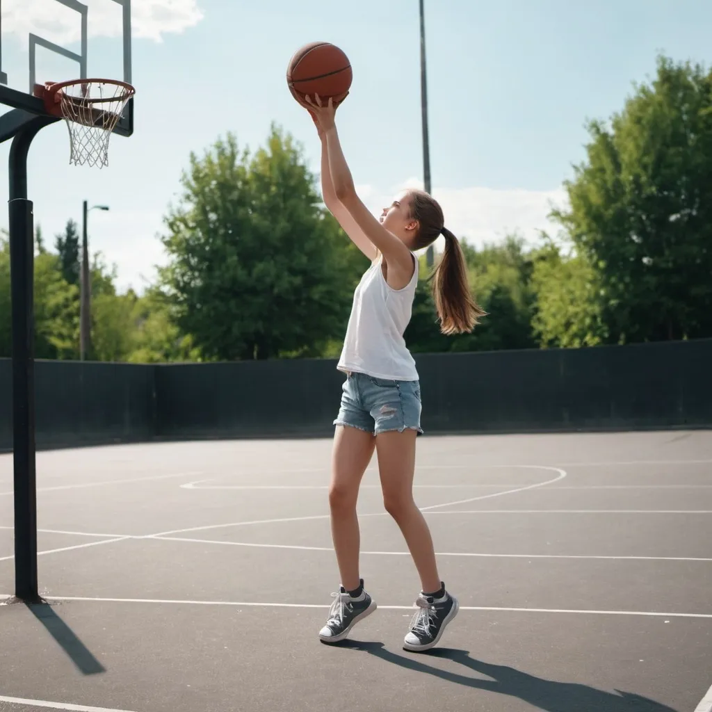 Prompt: A girl is playing basketball on an asphalt court on a summer day.