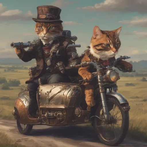 Prompt: two steampunk cats in  a gothic style sidecar combination hinting a dinosaur on a prairie. with a steam rifle mounted at the front of the sidecar