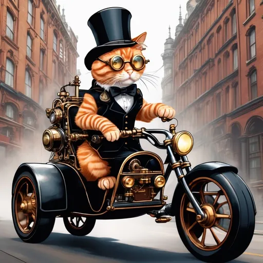 Prompt: Steampunk ginger  cat, in gadget goggles and hat, riding a gothic style motor trike  through a victorian city
