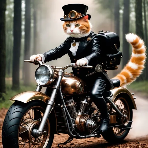 Prompt: Steampunk ginger  cat riding a gothic style motorbike through woodland