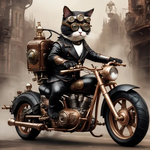Prompt: Steampunk cat riding a gothic stylr motorbike