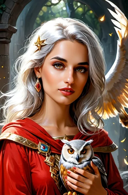 Prompt: a radiant Aasimar Sorceress with silver hair and golden eyes dressed in a red tunic and chainmail with an owl familiar, Illustration, painting, fantasy,