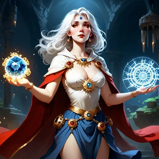 Prompt: a full body image of a radiant, angelic beautiful sorceress with silver hair and golden eyes dressed in a white tunic, red cloak, blue skirt and a jeweled circlet stands casting spells surrounded by ethereal gears. medieval, dnd, night time, swamp background, illustration, realistic, dramatic lighting, natural proportions,