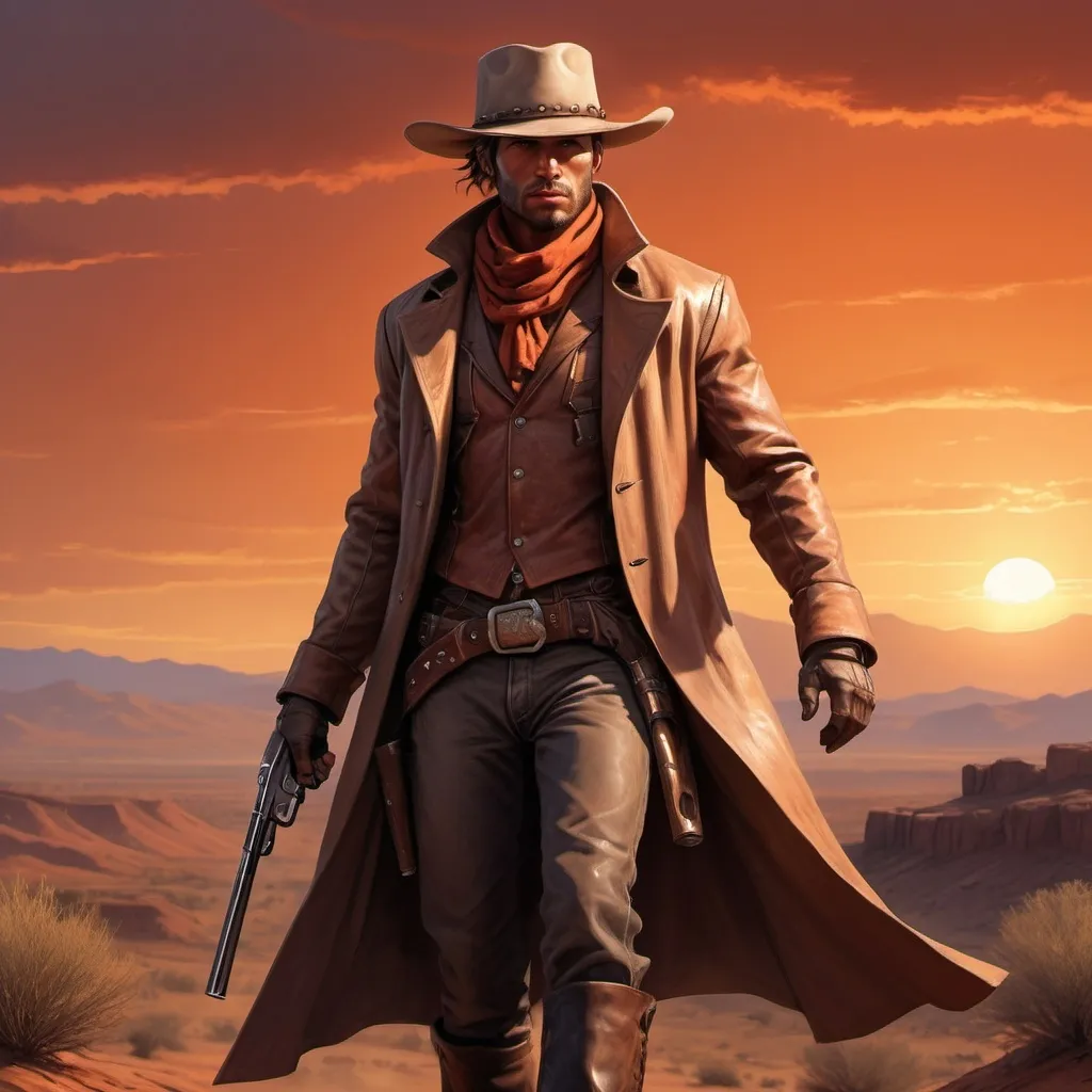 Prompt: (RPG fantasy style), cowboy in long coat, rugged yet charismatic demeanor, detailed outfit with a wide-brim hat, leather boots, and gripping a revolver, dramatic sunset background with rolling desert hills, warm hues of orange and red in the sky, high resolutions, ultra-detailed, dynamic composition, immersive atmosphere, evoking adventure and courage.