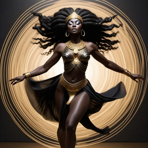 Prompt: an electron that moves with incredible speed has created a trace of movement in the form of a Black Egypian Goddess running with a group of Goddesses an incredibleand beautiful shape and style, the light from the movement of an electron is very gentle and enchants the ephemeral impulses of the image, a new approach that combines elements of composition in the outline and refined taste of the image, as well as aesthetically thought out to the smallest detail, the creation causes delight and incredible pride. This is an incredible creation, the perfect combination of lighting and details, the art of the future., photo, illustration, 3d render, painting, vibrant