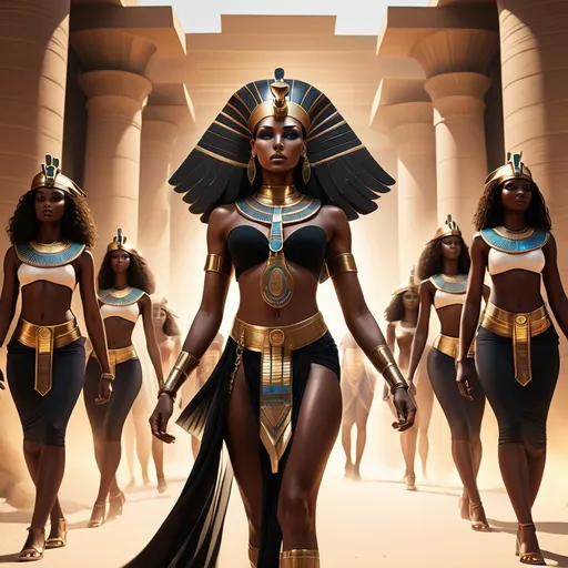 Prompt: A Black Egyptian Goddess is walking fiercely with a group of Goddesses. Dressed for military training. It is an incredible and beautiful digital art masterpiece, the soft light gives it motion, and it seems electric as if you feel the energy of the image. The feel  is very gentle and enchants