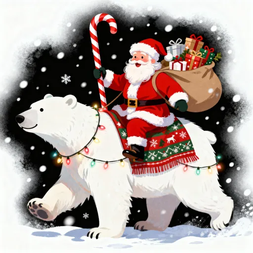 Prompt: Santa Claus in a classic red suit with white fur trim, carrying a sack of
Christmas gifts, joyfully riding a giant polar bear decorated with festive
lights and a holiday blanket, holding a large candy cane staff, with snow
falling around illustrated vignette style, isolated on a clean white
background, soft fade to white edges, centered composition, festive holiday
artwork, cutout view.
