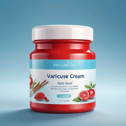 Prompt: A pot of (varicose relief cream), red pot with a white lid, illustrations of ingredients, very light blue gradient background, photorealistic, ultra-detailed, high-quality, vibrant colors, crisp focus, studio lighting, product presentation, glossy finish, clean and professional, minimalistic design, fresh and soothing atmosphere, inviting and appealing, 4K resolution.