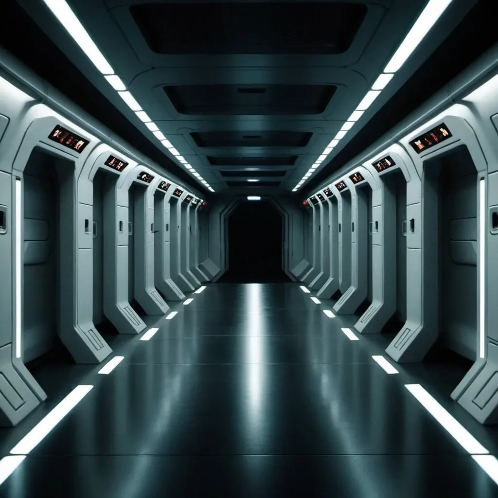 Prompt: Inside of spaceship hallway in Lockdown, no people.