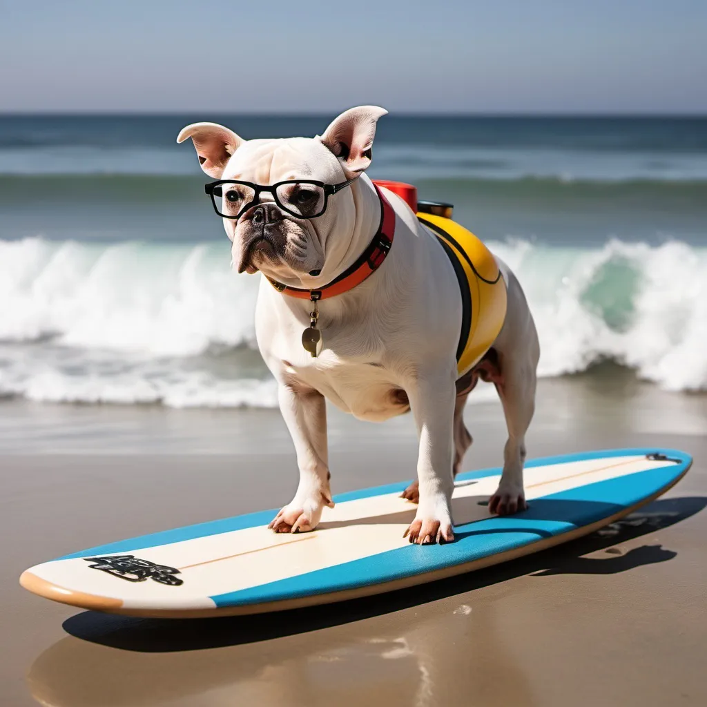 Prompt: A putt bull type dog with a surfboard