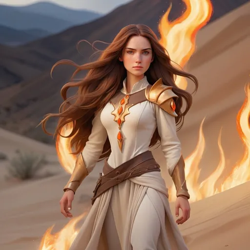 Prompt: A young white woman with long brown hair and brown eyes, standing on a sandy terrain reminiscent of a desert, with mountains in the distance. Her hair is flowing, and her eyes have a golden tint. Around her, there is fire, and flames are emanating from her hands. She is a fire dominator