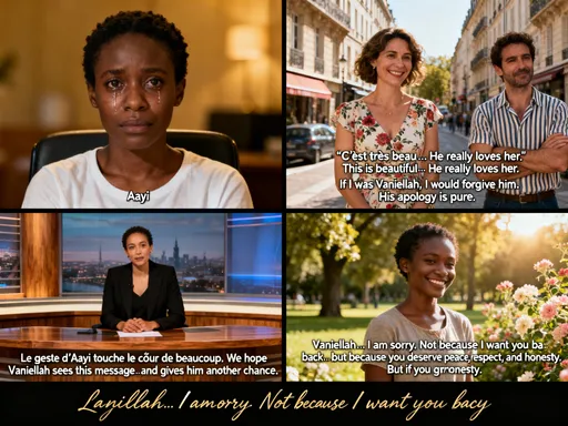 Prompt: PLACARD TEXT:
“Vaniellah, I am truly sorry.”

REPORTER (Voiceover):
“Devant des dizaines de personnes, Aayi a exprimé ses regrets pour ses erreurs…
et a promis de ne plus jamais blesser Vaniellah.”

Scene 3 – INTERVIEW WITH AAYI (EMOTIONAL)

AAYI (looking at camera):
“Vaniellah…
I know I hurt you, and I take responsibility.
You didn’t deserve the pain I caused.
I am truly, deeply sorry.
You are special… and losing you would be the biggest mistake of my life.”

Scene 4 – STREET VOX POP (PEOPLE REACTING IN FRANCE)

RANDOM FRENCH WOMAN:
“C’est très beau… He really loves her.”
(English subtitle: “This is beautiful… He really loves her.”)

RANDOM FRENCH MAN:
“If I was Vaniellah, I would forgive him. His apology is pure.”

Scene 5 – FINAL MESSAGE (NEWS STUDIO)

NEWS ANCHOR:
“Le geste d’Aayi touche le cœur de beaucoup.
We hope Vaniellah sees this message…
and gives him another chance.”

Scene 6 – END SHOT (YOUR DIRECT MESSAGE)

AAYI (smiling softly):
“Vaniellah…
I am sorry.
Not because I want you back…
but because you deserve peace, respect, and honesty.
But if you give me one more chance…
I promise, I will make you smile every single day.”