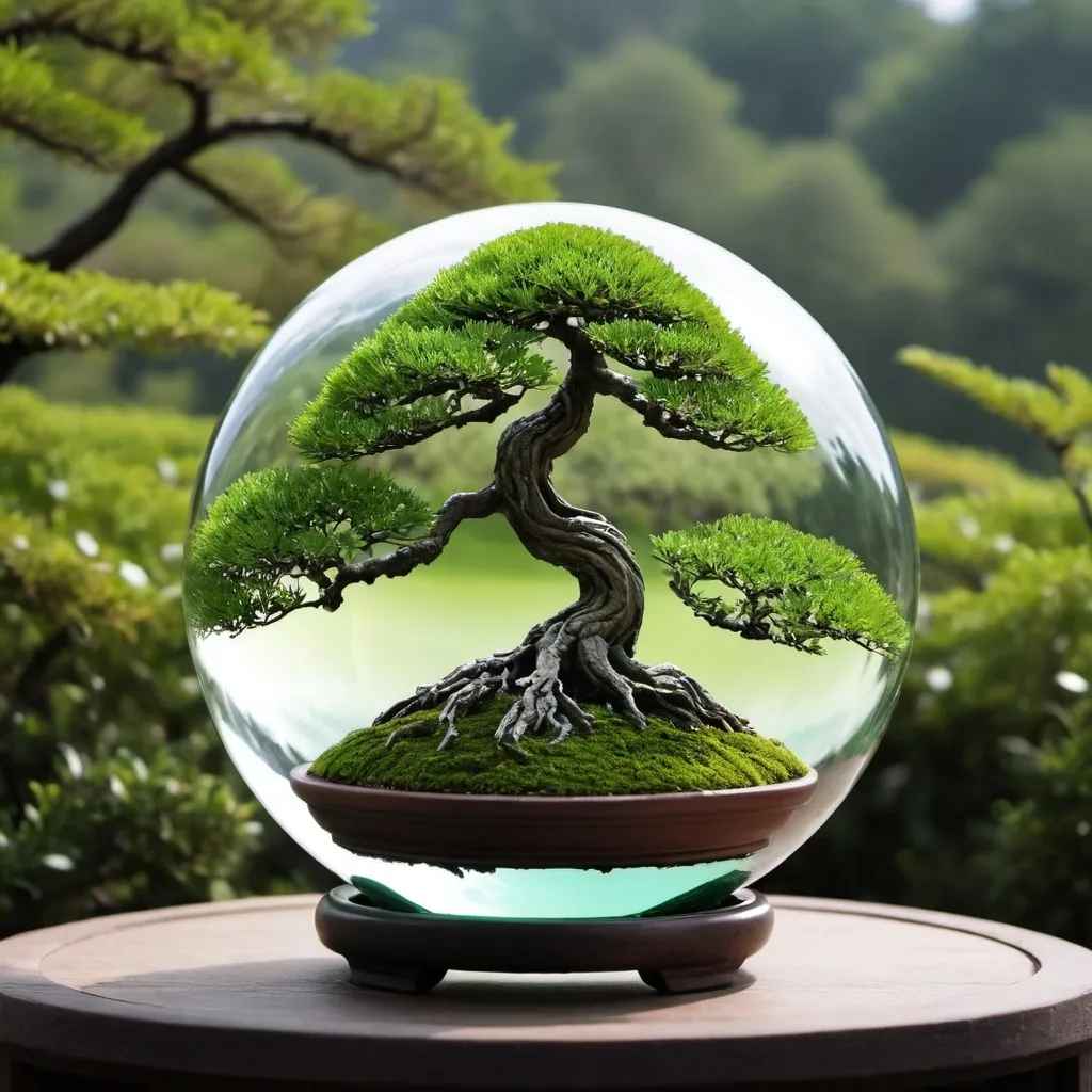 Prompt: En una bola de cristal un bonsai verde en un paisaje soleado