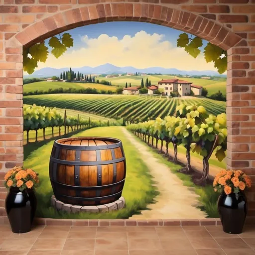 Prompt: Create a mural where there are wine barrels with grapes and vineyard

