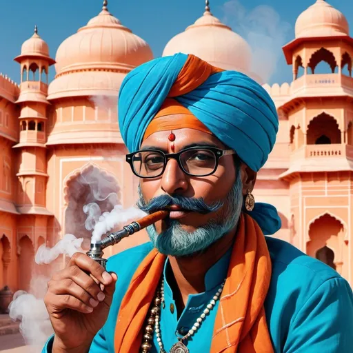 Prompt: Create an illustration of Rajasthani man with turban and glassessmoking hookah with a creative background of Jaipur architecture

