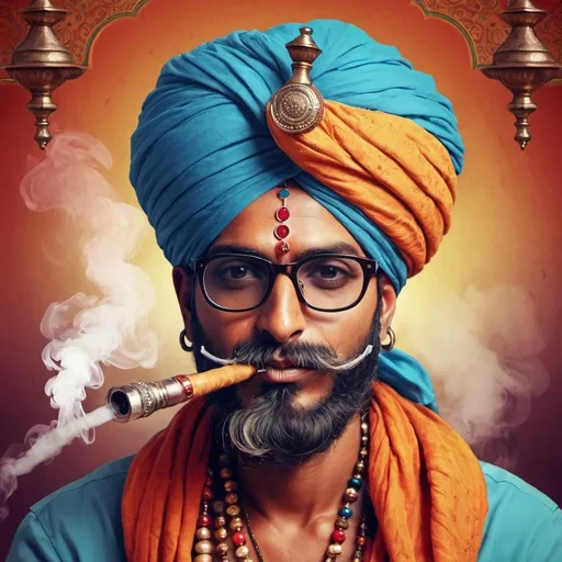 Prompt: Create an illustration of Rajasthani man with turban and glassessmoking hookah with a creative background
