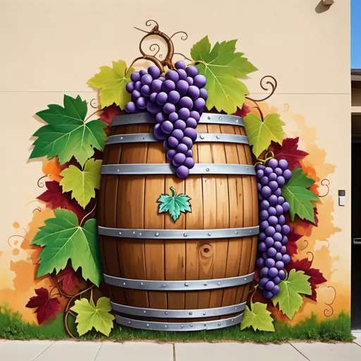 Prompt: Create a colourful mural where there is a barrel surrounded by grapes and grape leaves
