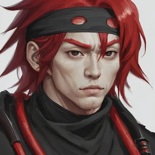 Prompt: /imagine ninja man,red hair,black eyes,worior,in the jungle, excellent details,4k - - U3